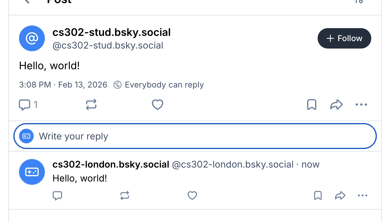 Bluesky interaction post, commenting the data from a post by another cs302- user