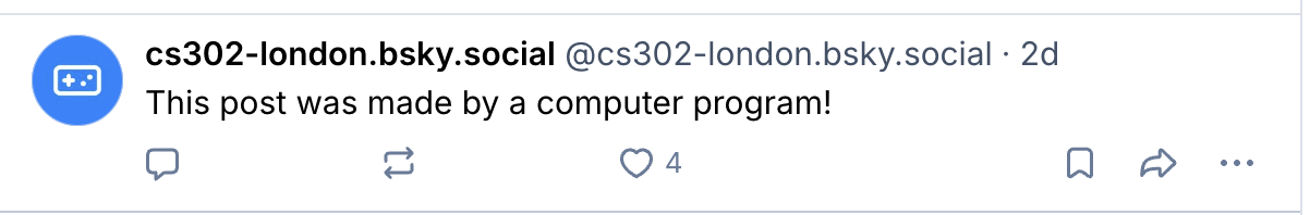 Bluesky text post, text says: This post was made by a computer program!